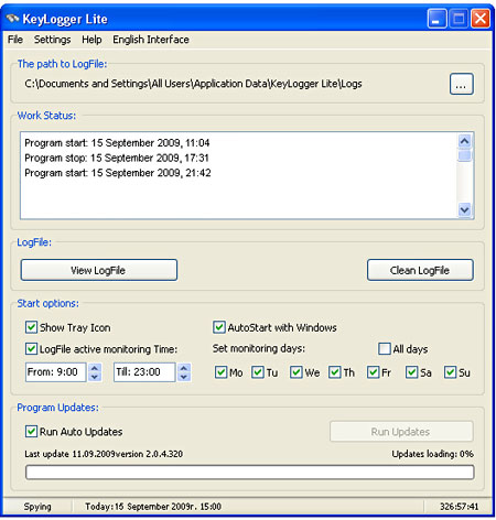 Keylogger Lite working interface