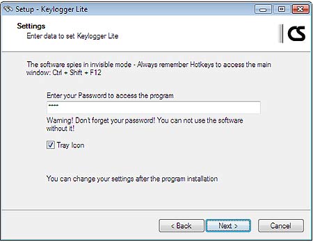 Set password to access Keylogger LITE V3