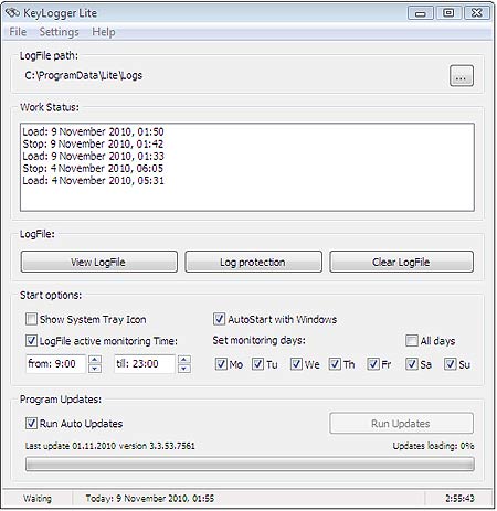 Keylogger Lite working interface