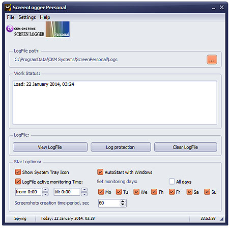 Screenlogger software Main window