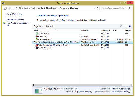 Screenlogger in add-remove programs list