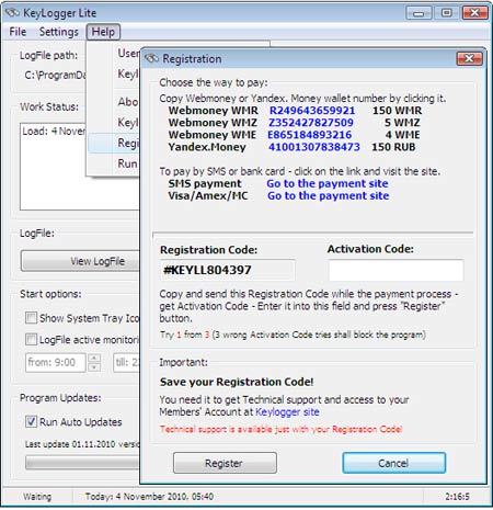 Keylogger lite registration